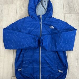 The North Face Blue Raincoat with Hood and Full-Length Zipper